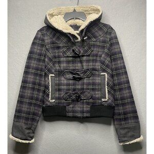Decree Large Plaid Wool Blend Cropped Peacoat Jacket Multi Purple Gray Black